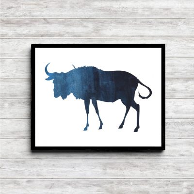 Watercolor Blue Wildebeest Silhouette