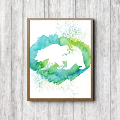 Green Watercolor Bear Silhouette