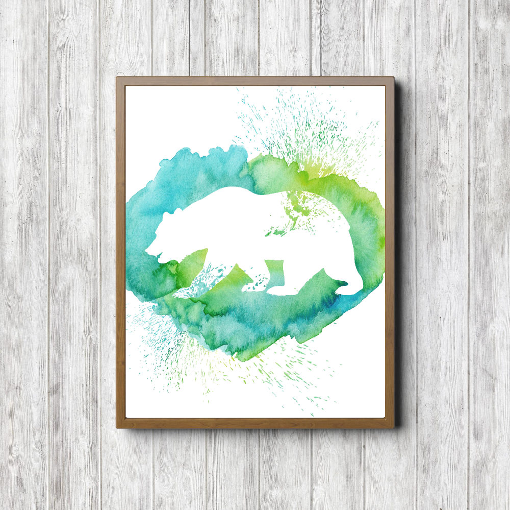 Green Watercolor Bear Silhouette Printable