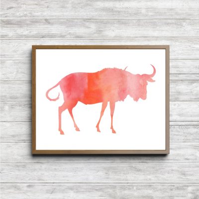 Coral Watercolor Wildebeest Silhouette