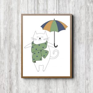 Cat With Green & Blue Umbrella