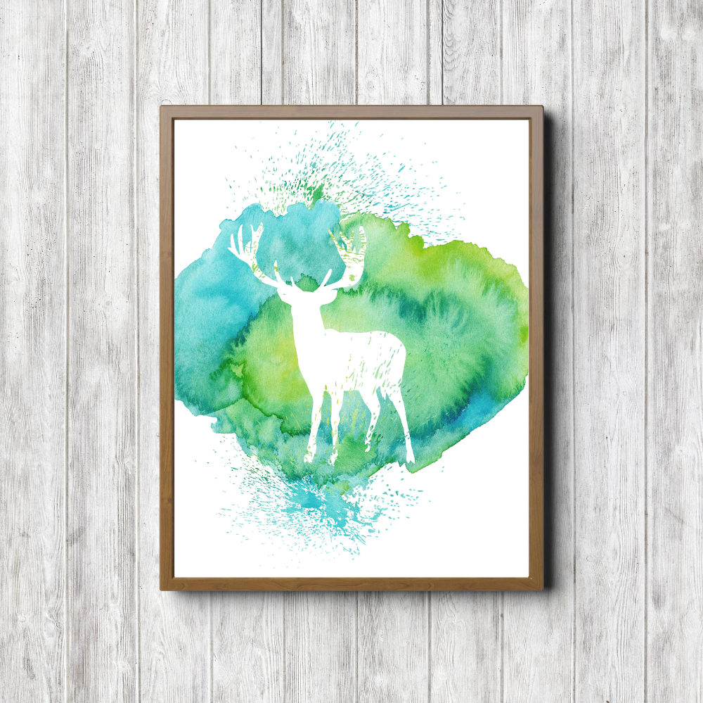 Green Watercolor Deer Silhouette