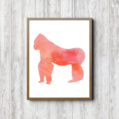 Coral Watercolor Gorilla Silhouette