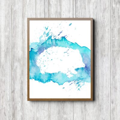 Blue Watercolor Hedgehog Silhouette