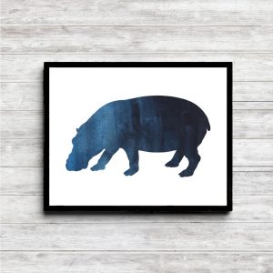Blue Watercolor Hippo Silhouette