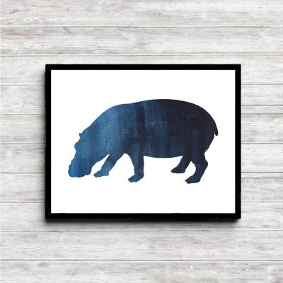 Blue Watercolor Hippo Silhouette