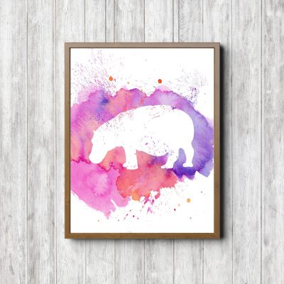 Pink Watercolor Hippo Silhouette