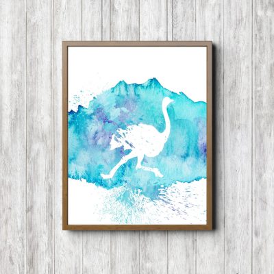 Turquoise Watercolor Ostrich Silhouette