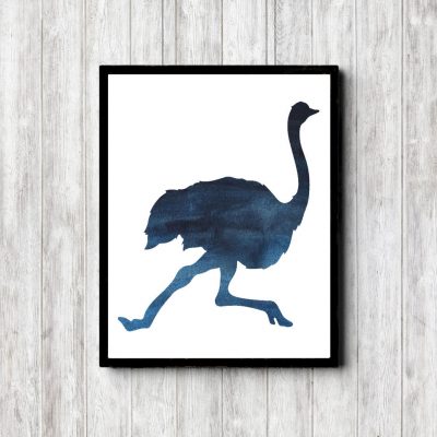 Blue Watercolor Ostrich Silhouette