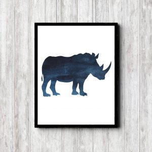 Blue Watercolor Rhino Silhouette