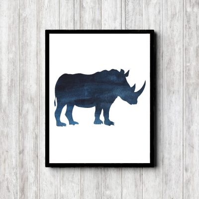 Blue Watercolor Rhino Silhouette