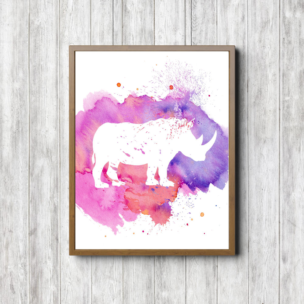 Pink Watercolor Rhino Silhouette Printable