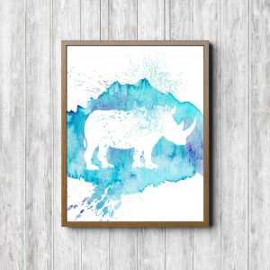 Turquoise Watercolor Rhino Silhouette