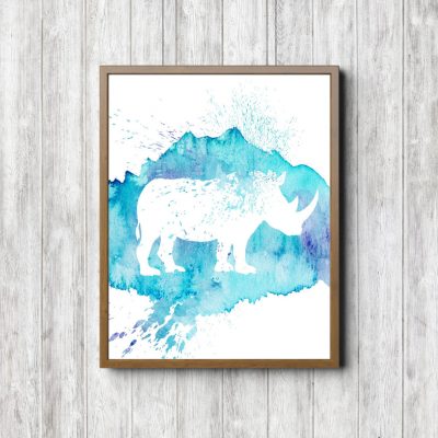 Turquoise Watercolor Rhino Silhouette