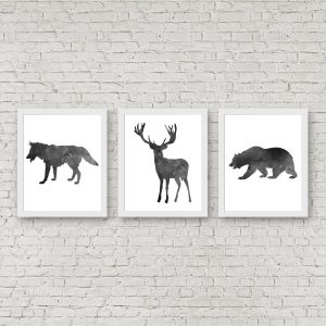 Black Watercolor Woodland Animals Set