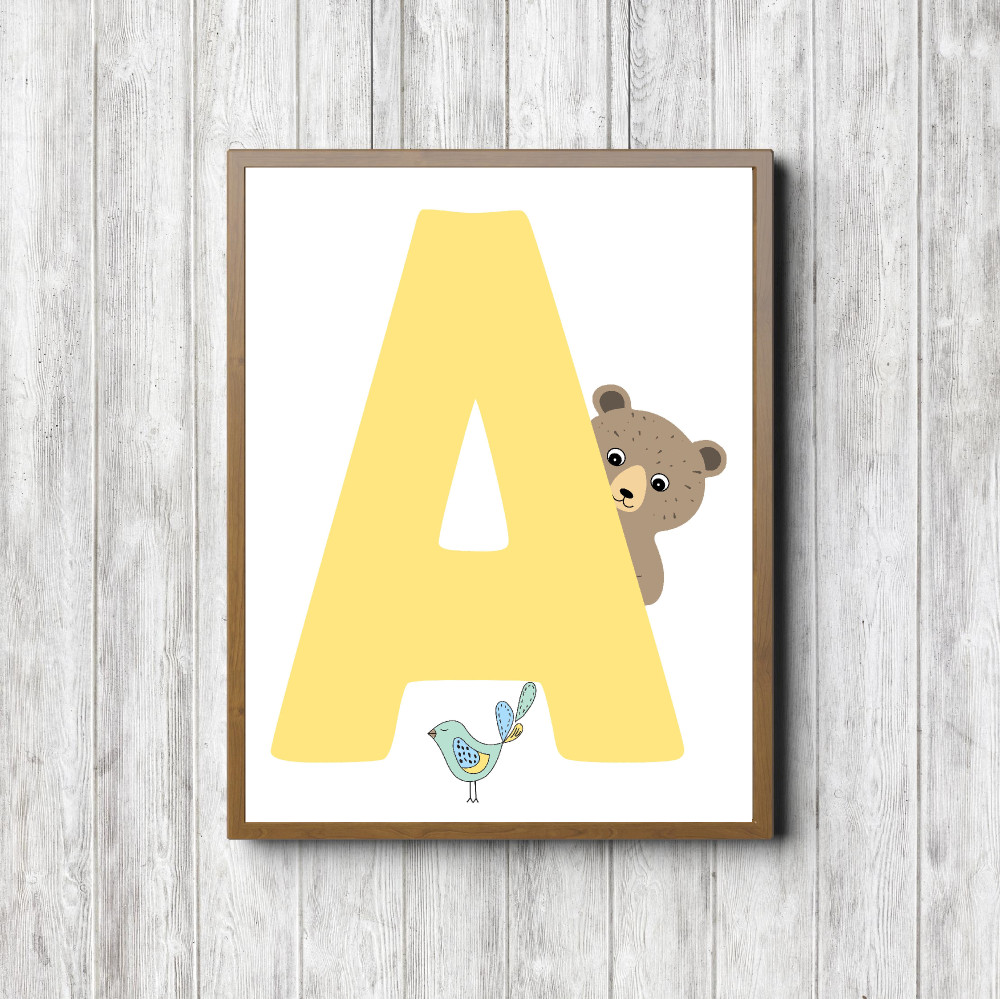 Initial A – Bear & Bird Printable