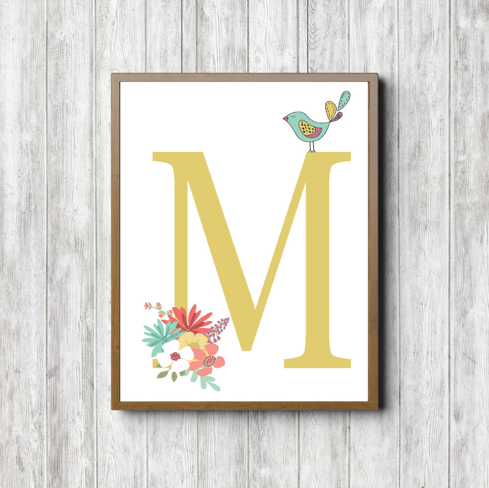 Initial M – Bouquet & Bird Printable