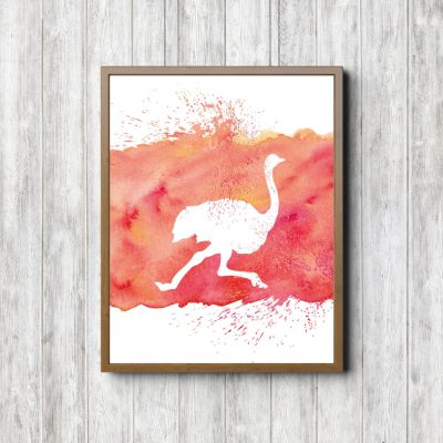Coral Watercolor Splatter Ostrich