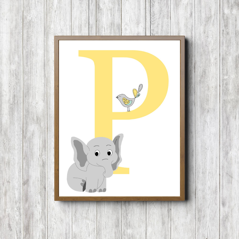 Initial P – Elephant & Bird Printable