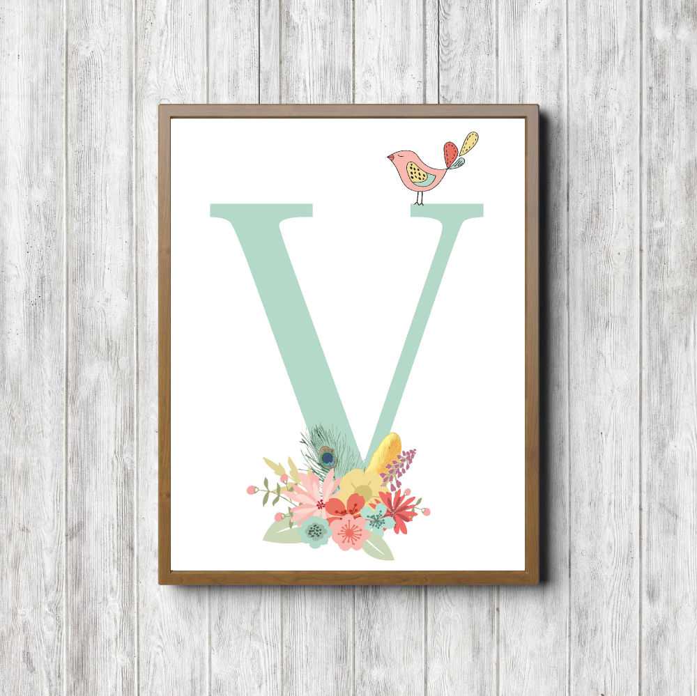 Letter V – Flowers & Bird Printable