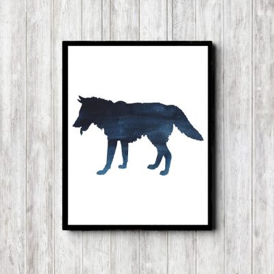 Blue Watercolor Wolf Silhouette
