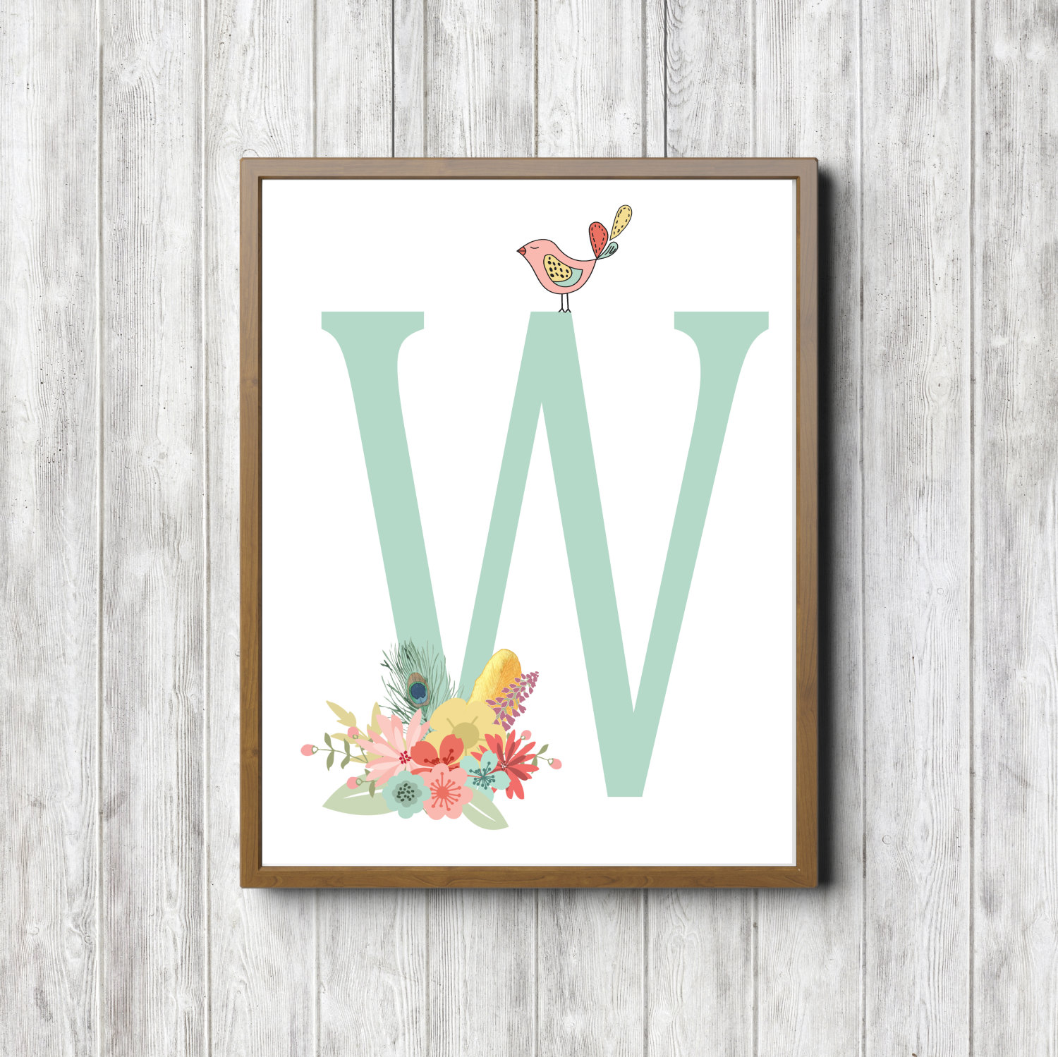 Initial W – Bouquet & Bird Printable