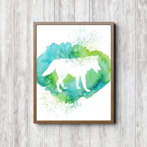 Green Watercolor Wolf Silhouette