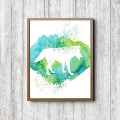 Green Watercolor Wolf Silhouette