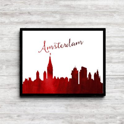 Red Watercolor Amsterdam Skyline Printable