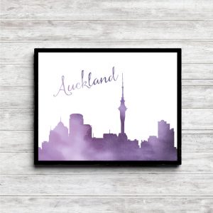 Purple Watercolor Auckland Skyline Printable