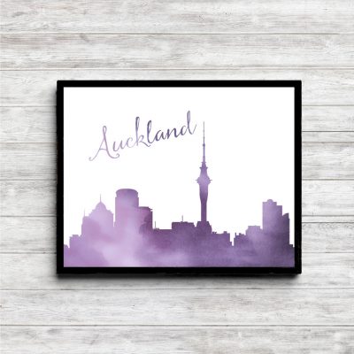 Purple Watercolor Auckland Skyline Printable