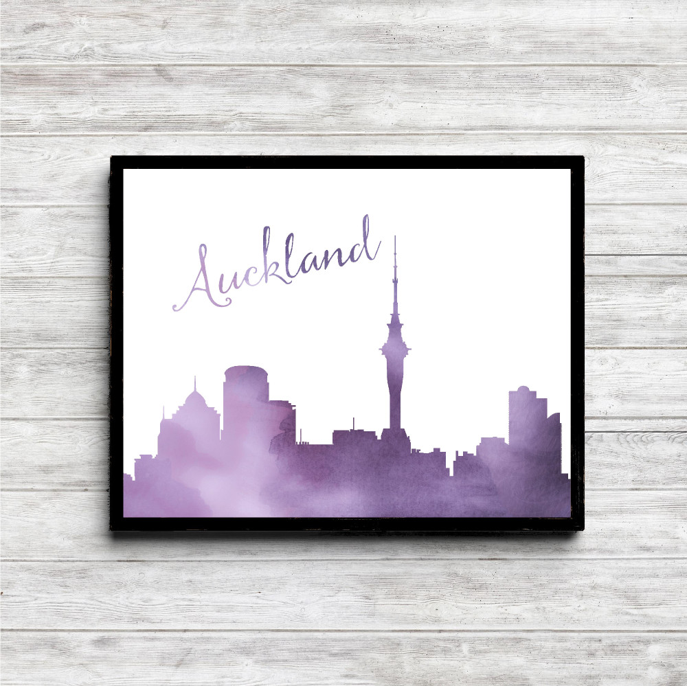 Purple Watercolor Auckland Skyline Printable