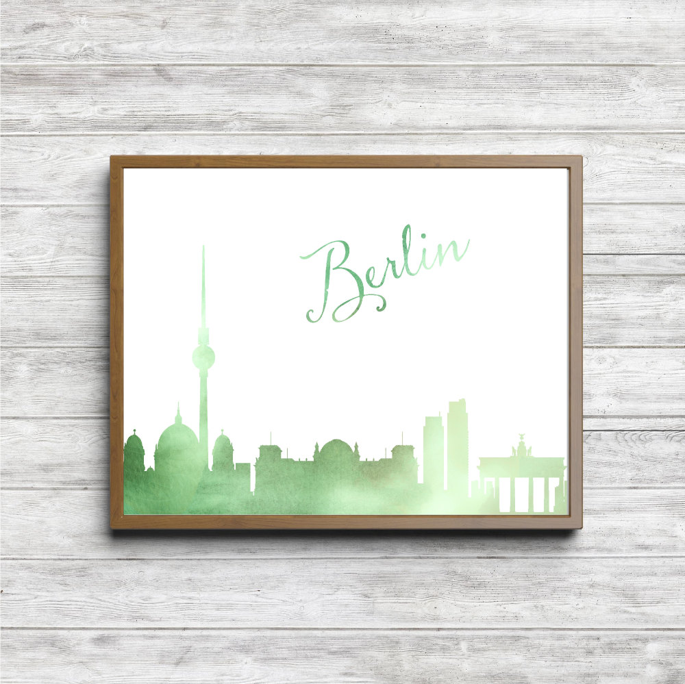 Green Watercolor Berlin Skyline Printable