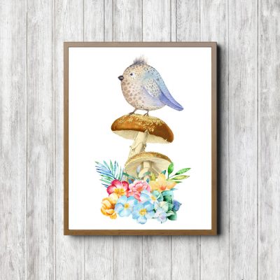 Whimsical Bird & Mushrooms Printable