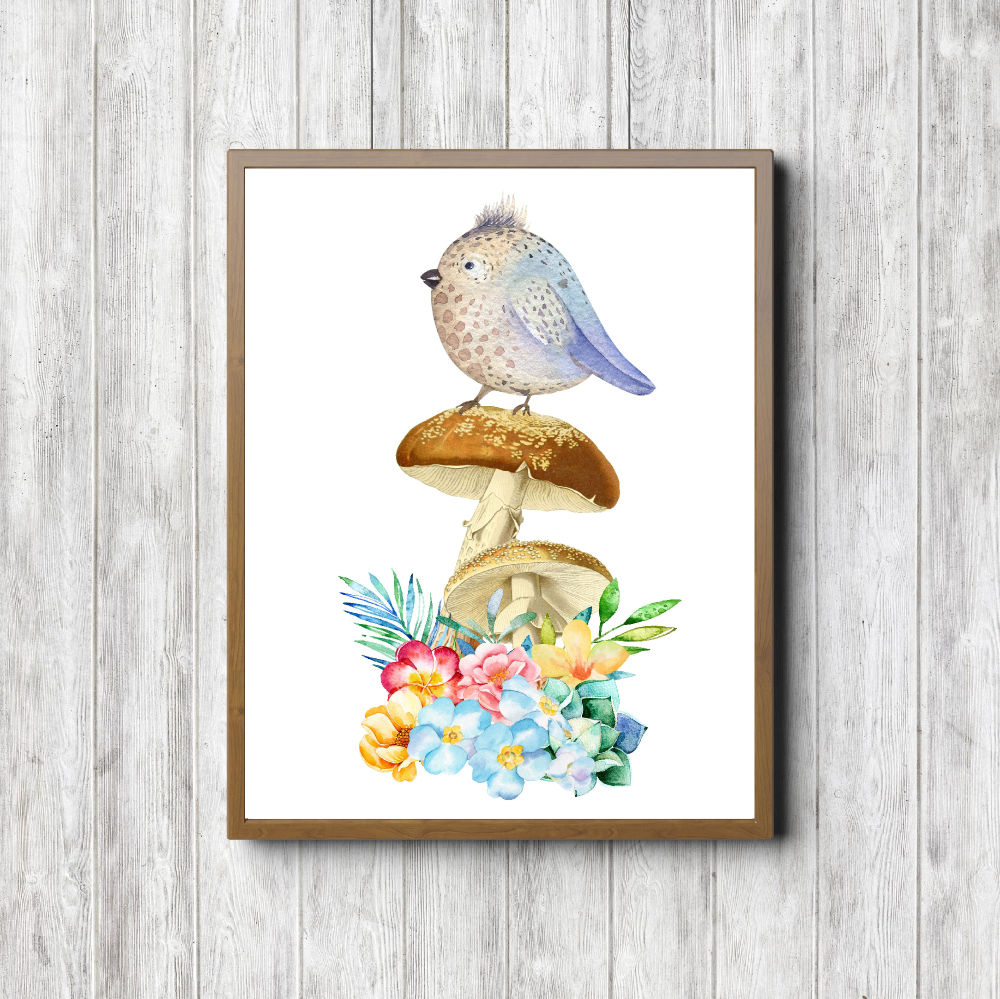 Whimsical Bird & Mushrooms Printable