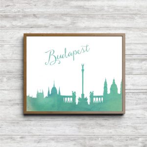 Green Watercolor Budapest Skyline Printable