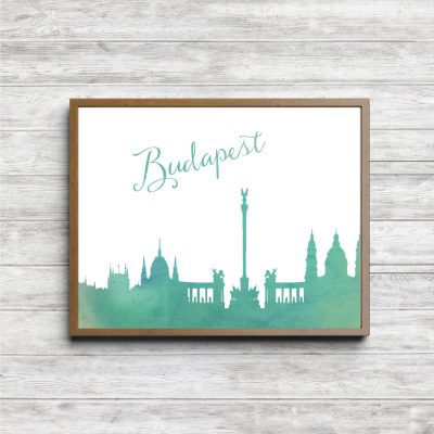 Green Watercolor Budapest Skyline Printable