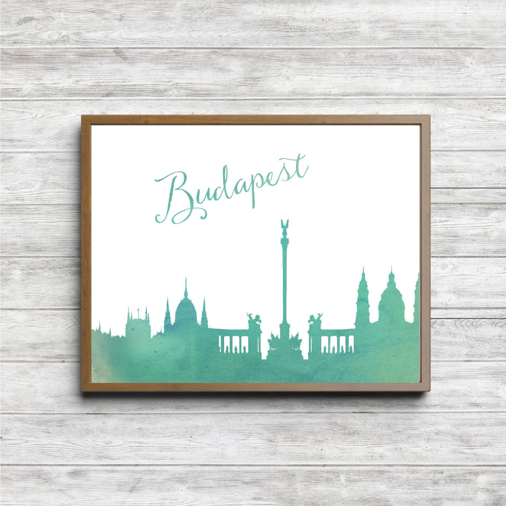 Green Watercolor Budapest Skyline Printable