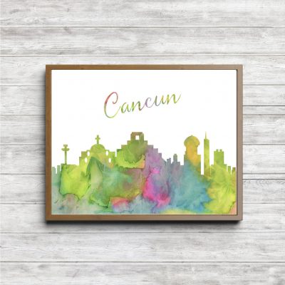 Colorful Cancun Skyline Watercolor Printable