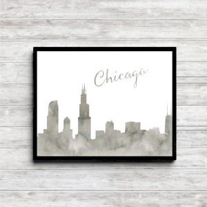 Gray Watercolor Chicago Skyline Printable