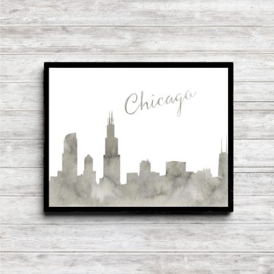 Gray Watercolor Chicago Skyline Printable