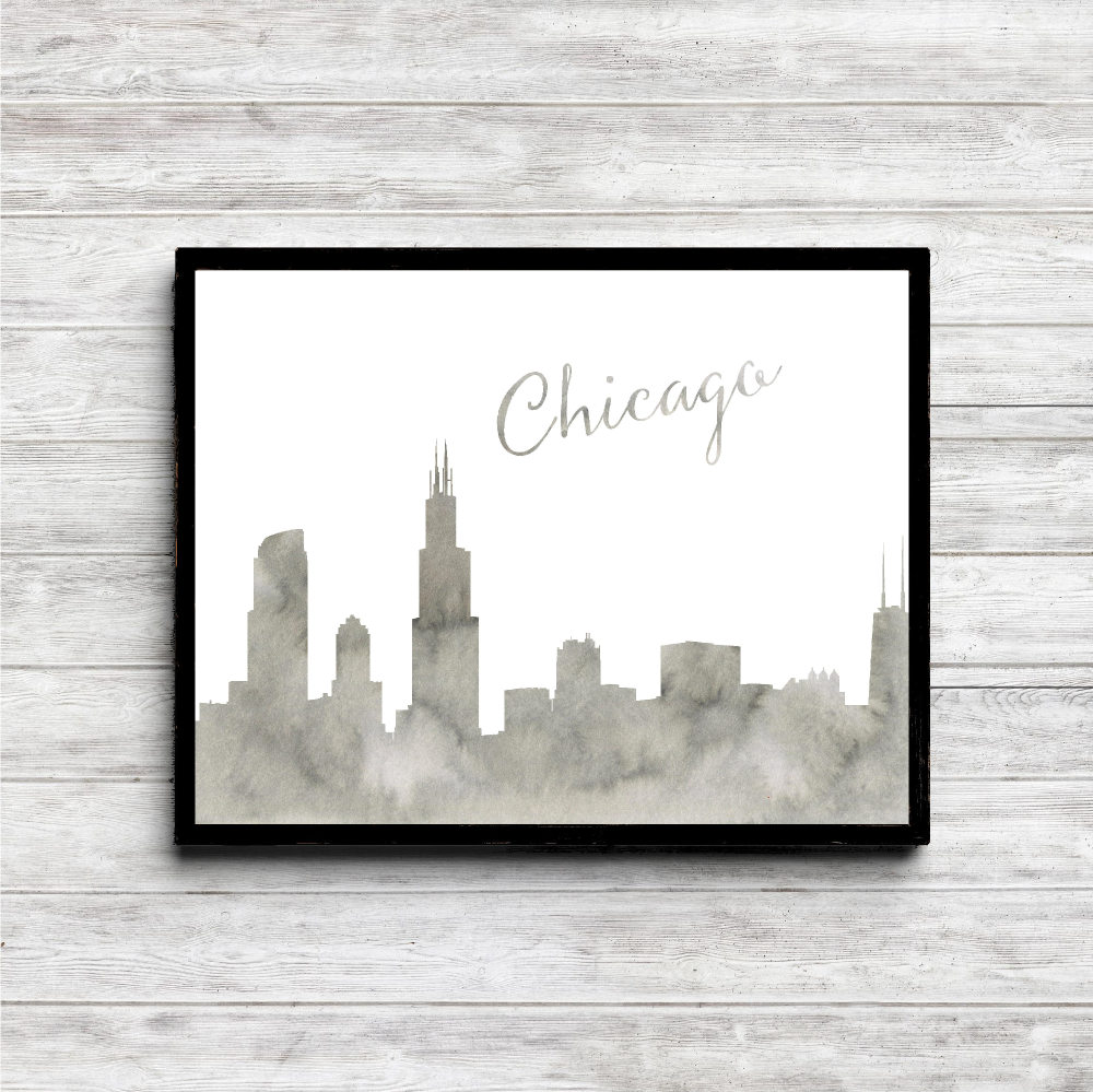 Gray Watercolor Chicago Skyline Printable