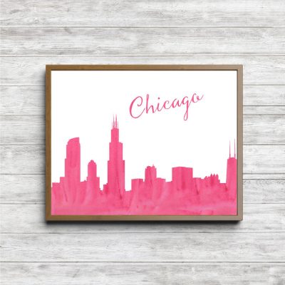 Pink Watercolor Chicago Skyline Printable