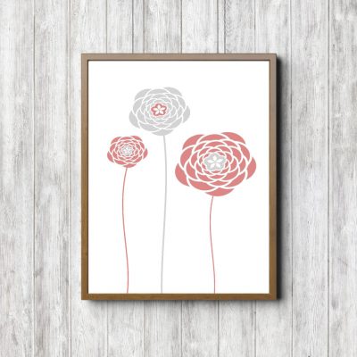 Coral & Gray Simple Flowers Printable