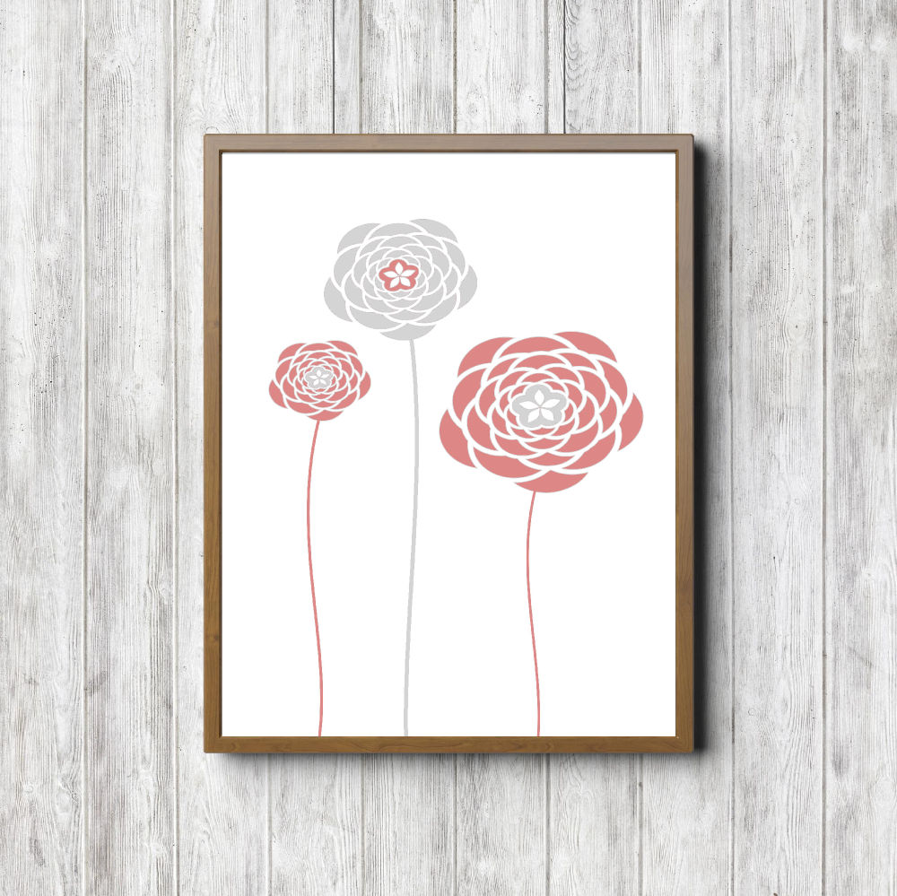 Coral & Gray Simple Flowers Printable