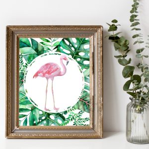 Watercolor Flamingo With Tropical Leaves