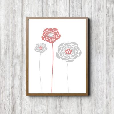 Gray & Coral Simple Flowers Printable