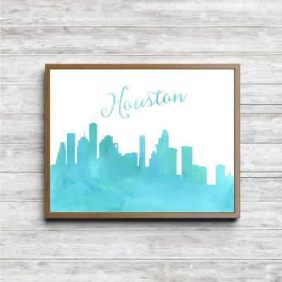 Turquoise Watercolor Houston Skyline Printable