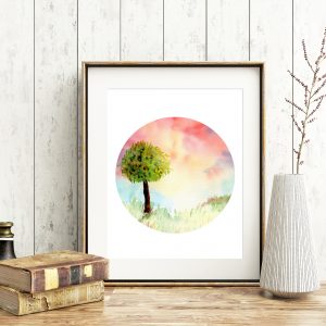 Red Sky Watercolor Landscape Printable