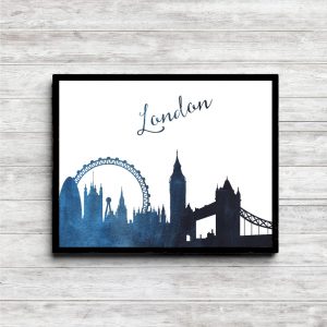 Blue Watercolor London Skyline Printable